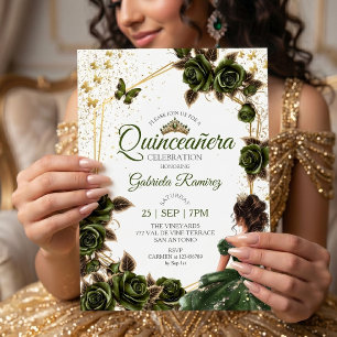 Grön gyllene tiara rosor fjäril Quinceañera Inbjudningar
