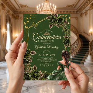 Grön gyllene tiara rosor fjäril Quinceañera Inbjudningar