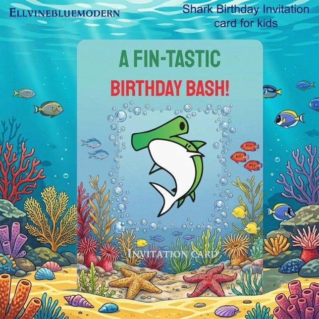 Grön Hammarhaj Fin-tastisk Barnkalas Inbjudningar (5" x 7" green hammerhead shark birthday invitation template for kids’ pool parties.)