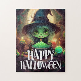 Grön häxa äter godis Gott Halloween Pussel