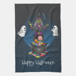 Grön Häxa och Spöken Halloweenfest Kökshandduk