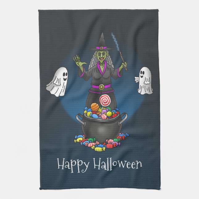Grön Häxa och Spöken Halloweenfest Kökshandduk (Vertikal)