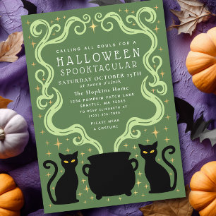 Grön Häxlik Svart Katt Kittel Halloweenfest Inbjudningar