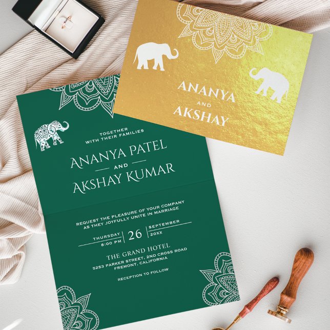 Grön Henna Elefant Indiskt Bröllop Guld Folierat Kort (Skapare uppladdad)
