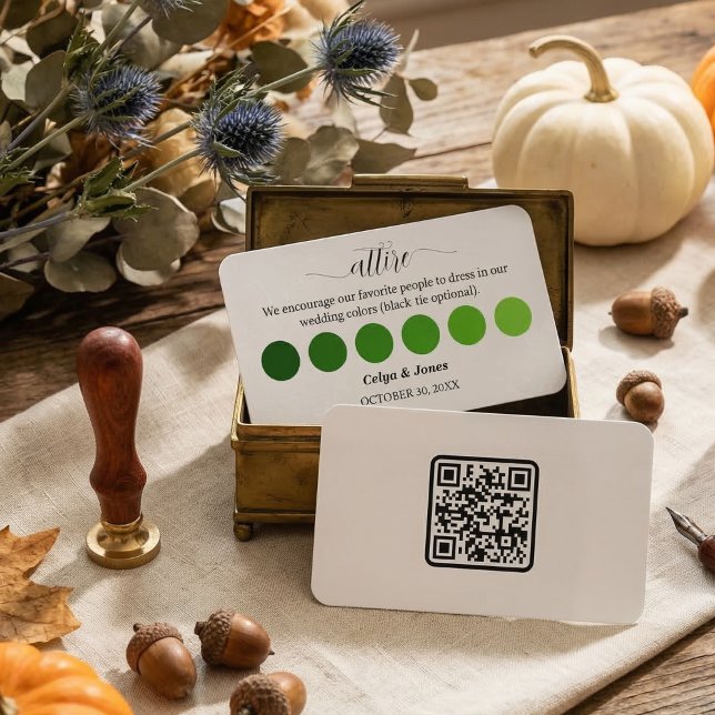 Grön höstbröllopsklädsel Dräktkod Palett Tilläggskort (Green Fall Wedding Attire Dress Code Palette QR Code Enclosure Card )