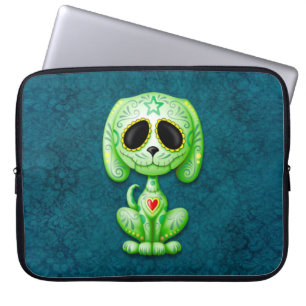 Grön hund för Zombiesockervalp på blått Laptop Sleeve