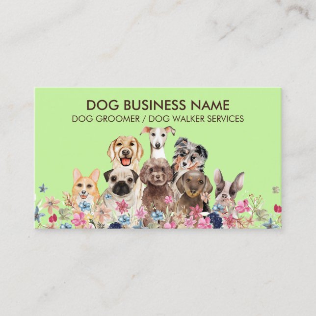 Grön Hund grooming boutique husdjurs sitter valpar Visitkort (Framsida)