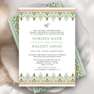 Grön Ikat Anand Karaj Sikh Bröllopsinbjudan Inbjudningar