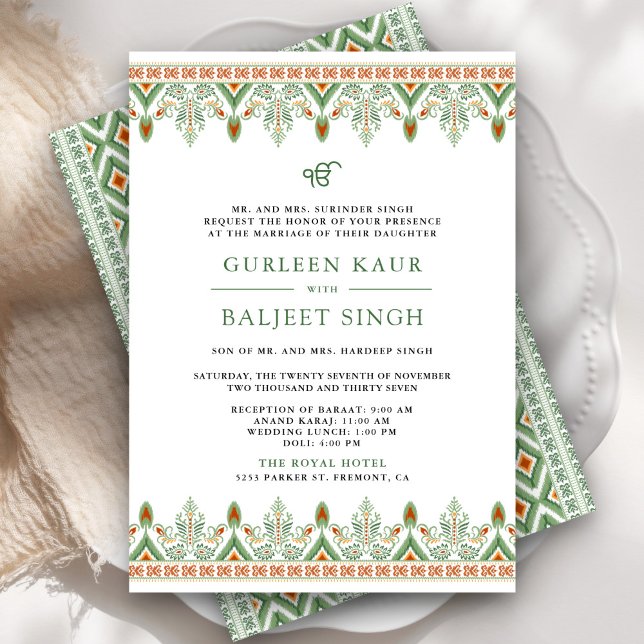 Grön Ikat Anand Karaj Sikh Bröllopsinbjudan Inbjudningar (Skapare uppladdad)
