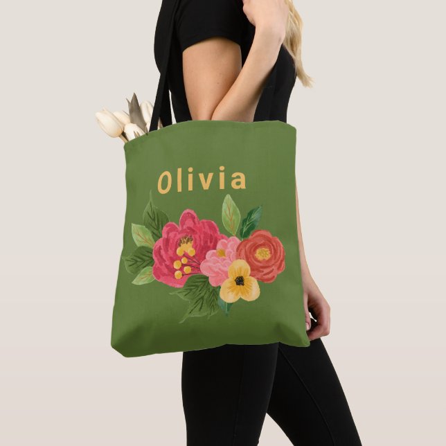 Grön Illustrerad Blomma Anpassningsbar Toteväska Tygkasse (Närbild)