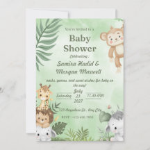 Grön illustrerad djurtema baby shower inbjudan