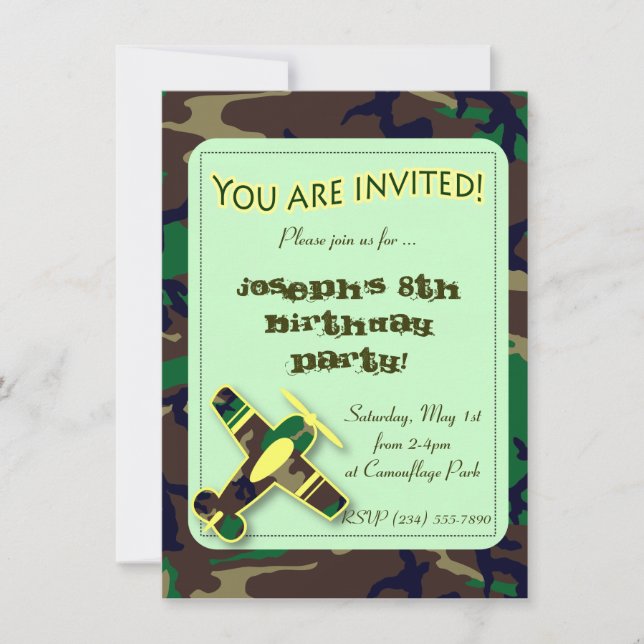 Grön inbjudan för Camo flygplanparty (Framsida)