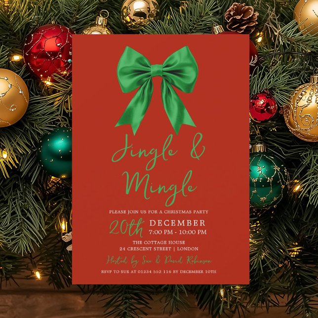 Grön Jingle & Mingle Julfest Bow Red Inbjudningar (Green Jingle & Mingle Christmas Party Bow Red Invitation)