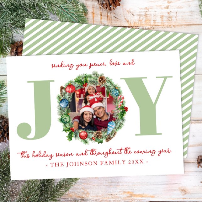 Grön JOY-krans julfotokort Julkort (Fun green & Red Holiday Card)