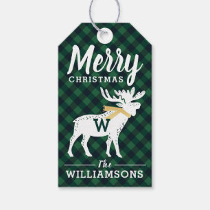 Grön jul för Monogram för buffelplädälg Presentetikett