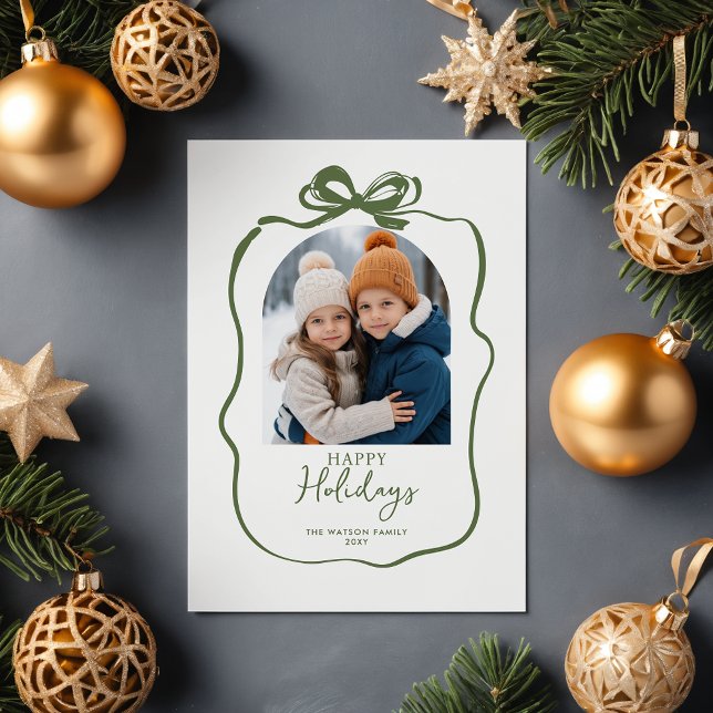 Grön jul fotohandritad båge band  helg vykort (Green Christmas Photo Hand-Drawn Bow Ribbon Holiday Postcard)