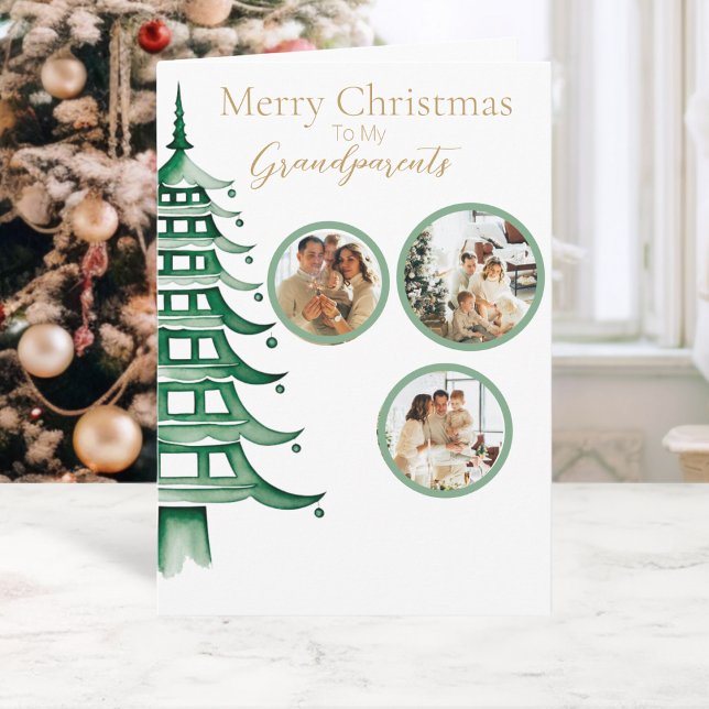 Grön jul Pagod Träd Farförälder 3-Foto Kort (Green Christmas Pagoda Tree Grandparent 3-Photo Card)