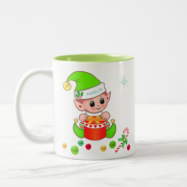 Grön jul-tomte, godisstav & julgranskulor Två-Tonad mugg (Vänster)