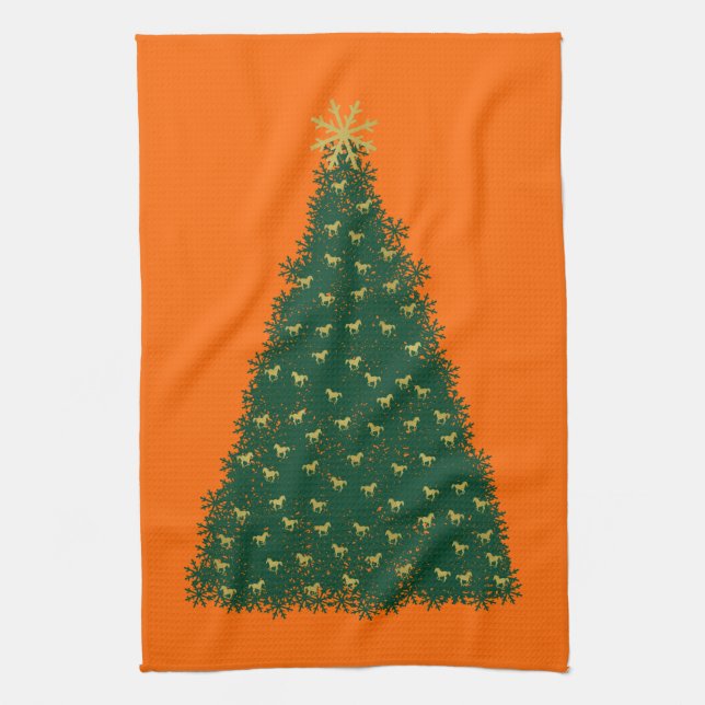 Grön julgran, gyllene springande hästar, orange kökshandduk (Vertikal)