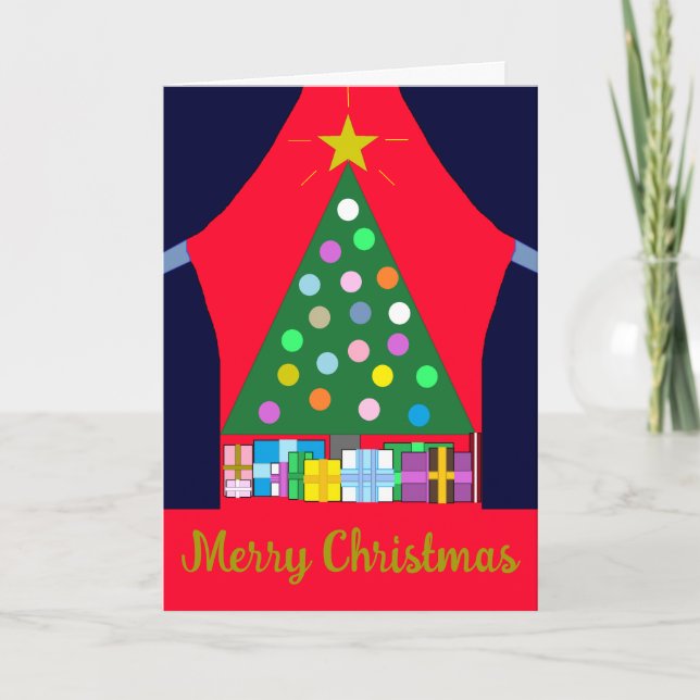 Grön julgran med blå draper: kort (Framsida)