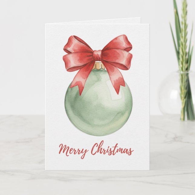 Grön julgranskula med röd rosett-kort kort (Framsida)