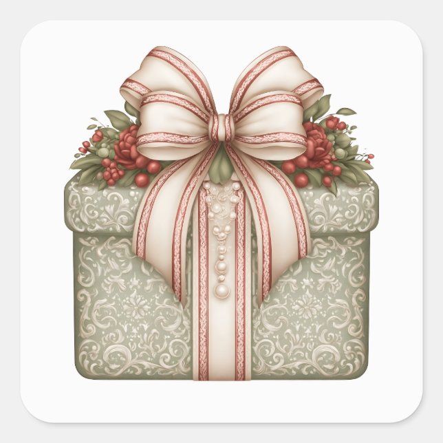 Grön julpresent fyrkantigt klistermärke (Framsida)