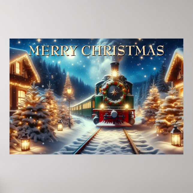 Grön julstångståg i snöigt samhälle poster (Framsidan)