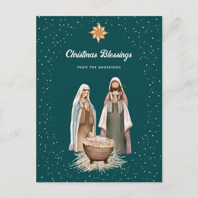 Grön julstjärna kristen julkrubba helg vykort (Framsida)