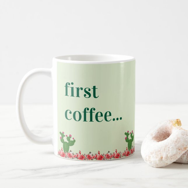 Grön Kaktus Orange Blomma Blommig Första Kaffe Mug Kaffemugg (Med munk)
