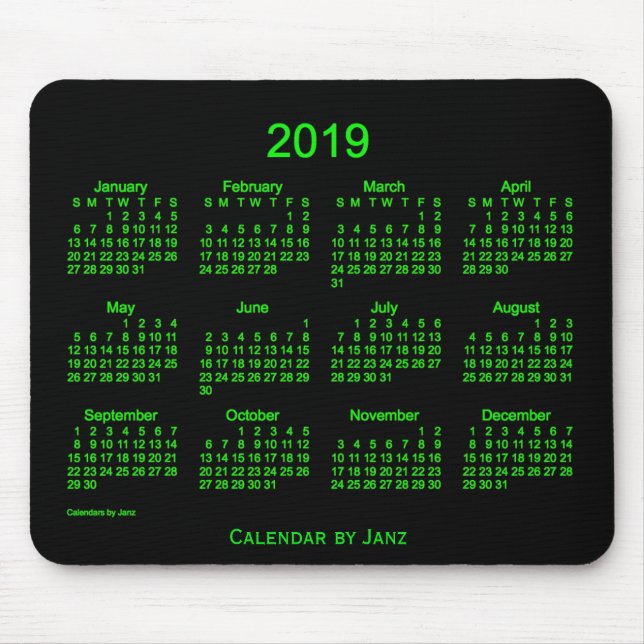 Grön kalender 2019 för neon vid Janz Musmatta (Framsidan)