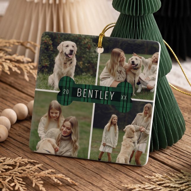 Grön Karoad Hund Foto Collage Julminne Julgransprydnad Keramik (Green Plaid Dog Photo Collage Keepsake Christmas Ceramic Ornament)