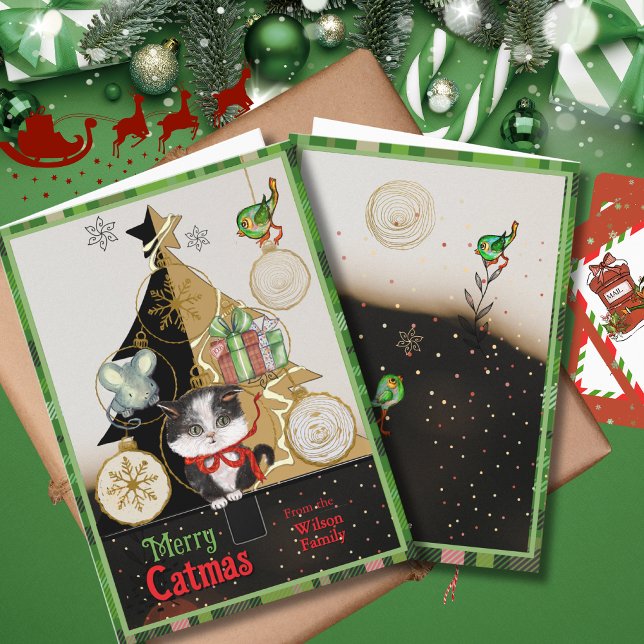 Grön Karoad Split-Träd Catmas-Kort | Söt Kattunge  Helgkort (Green Plaid Split-Tree Catmas Card  Cute Kitten )