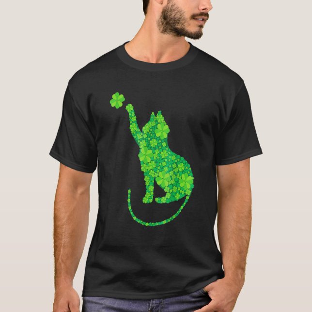 Grön Katt Siluett Shamrocks St Patricks Day T Shirt (Framsida)