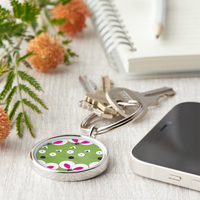 Grön keychain för katt & för mus rund silverfärgad nyckelring (Sidan)