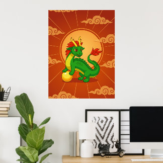 Grön kinesisk drake på röd poster