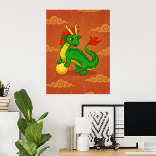 Grön kinesisk drake på röd poster