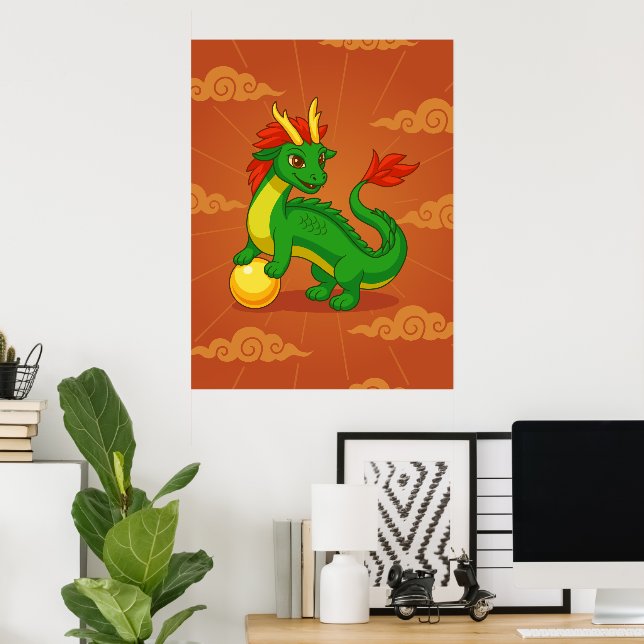 Grön kinesisk drake på röd poster (Hemmakontoret)