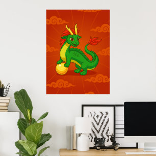 Grön kinesisk drake på rött poster