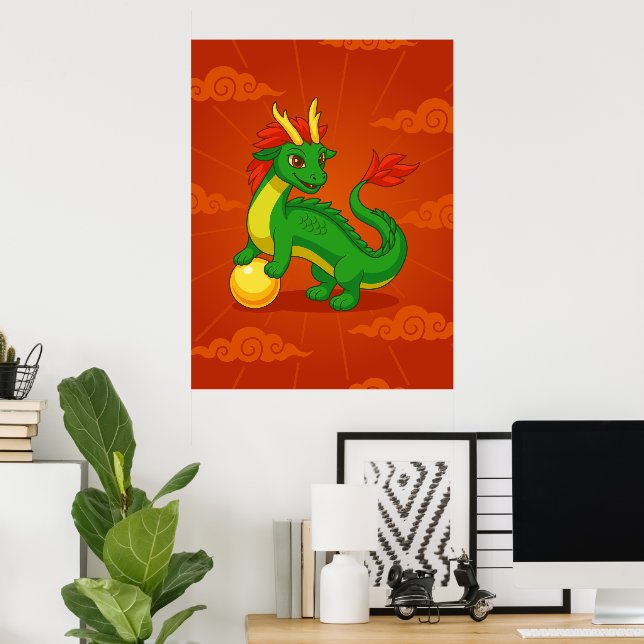 Grön kinesisk drake på rött poster (Hemmakontoret)