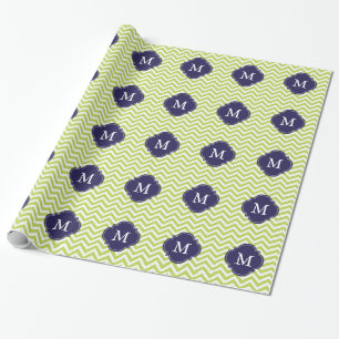 Grön Kiwi & Monogram för blåttsicksackmönster Presentpapper