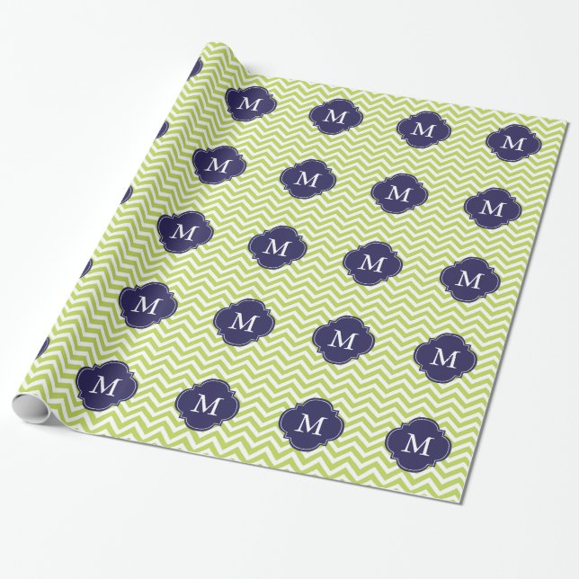 Grön Kiwi & Monogram för blåttsicksackmönster Presentpapper (Utrullad)