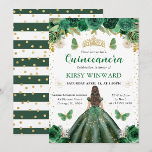 Grön klänning Brunett Prinsessa Quinceanera Inbjudningar