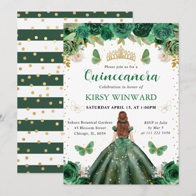 Grön klänning rödhårig prinsessa Quinceanera Inbjudningar (Fram/baksida)