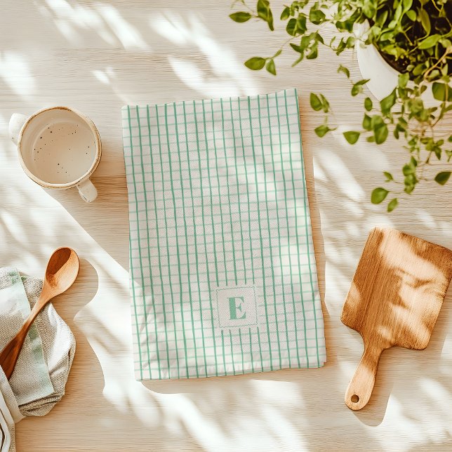 Grön kökshandduk med handritad rutig mönster och i (green plaid kitchen towel with monogram)