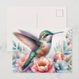 Grön Kolibri Blommig Akvarell Vykort