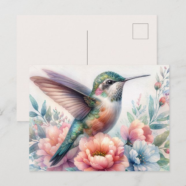 Grön Kolibri Blommig Akvarell Vykort (Fram/baksida)