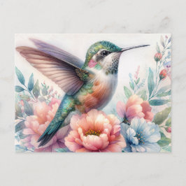 Grön Kolibri Blommig Akvarell Vykort