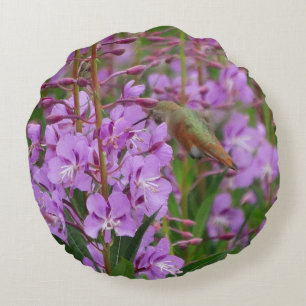 Grön kolibri lila rosa blommig bakgrund rund kudde