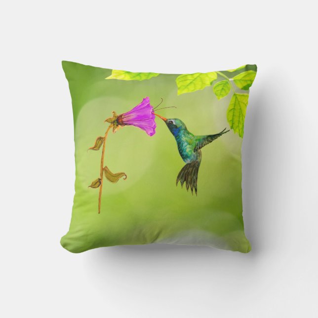Grön kolibri- och blomsterkastkudde kudde (Framsida)