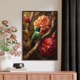 Grön kolibri Oljemålning Blommig Natur Canvastryck